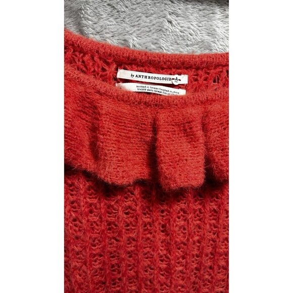 Anthropologie Sweater Ruffled Open Neck Jumper Cozy Soft Coral Pink Waffle Knit - Picture 6 of 14